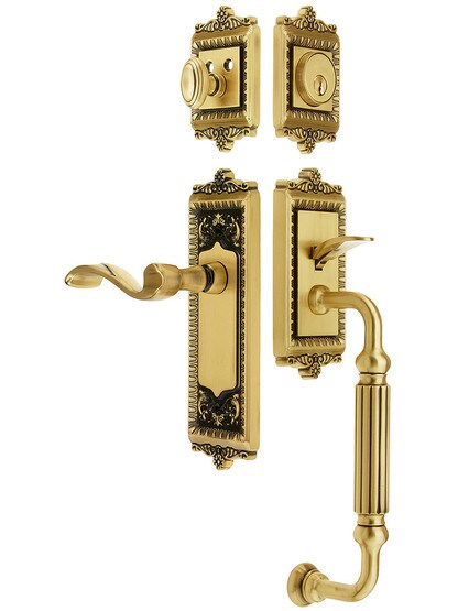 Windsor Entry Lock Set in Antique Brass Finish with Right-Handed Portofino Lever and